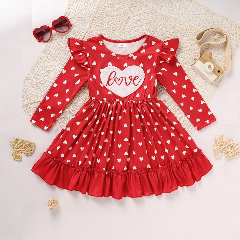 Toddler Girl's Cute 'LOVE' Embroidered Dress, Heart Print Long Sleeve A-Line Dress With Ruffle Hem