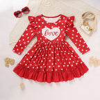 Toddler Girl's Cute 'LOVE' Embroidered Dress, Heart Print Long Sleeve A-Line Dress With Ruffle Hem