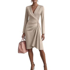 V Neck Folds  Solid Color Slim-fit Long Sleeve V-pleated Design Dress  Women's Office Commuter A-line Midi Party Dresses Female Clothing
