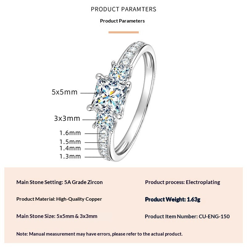 Fashionable, Light-luxury, Versatile, Niche Ring Featuring Faux Moissanite With A Four-prong Zircon Setting And Electroplated Finish