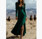 Retro Western Style Button Pleated Long Sleeve Sexy Dress