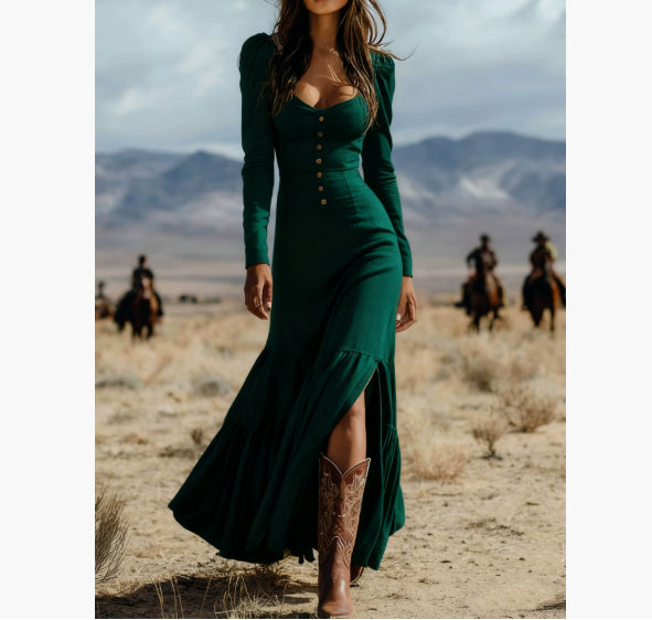 Retro Western Style Button Pleated Long Sleeve Sexy Dress