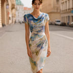 Elegant Abstract Print Pleated Boat-Neckline Holiday Dress