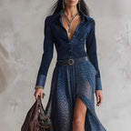 New Fall Winter Fashion Casual Polo-Neck Patchwork Long-Sleeve Dress