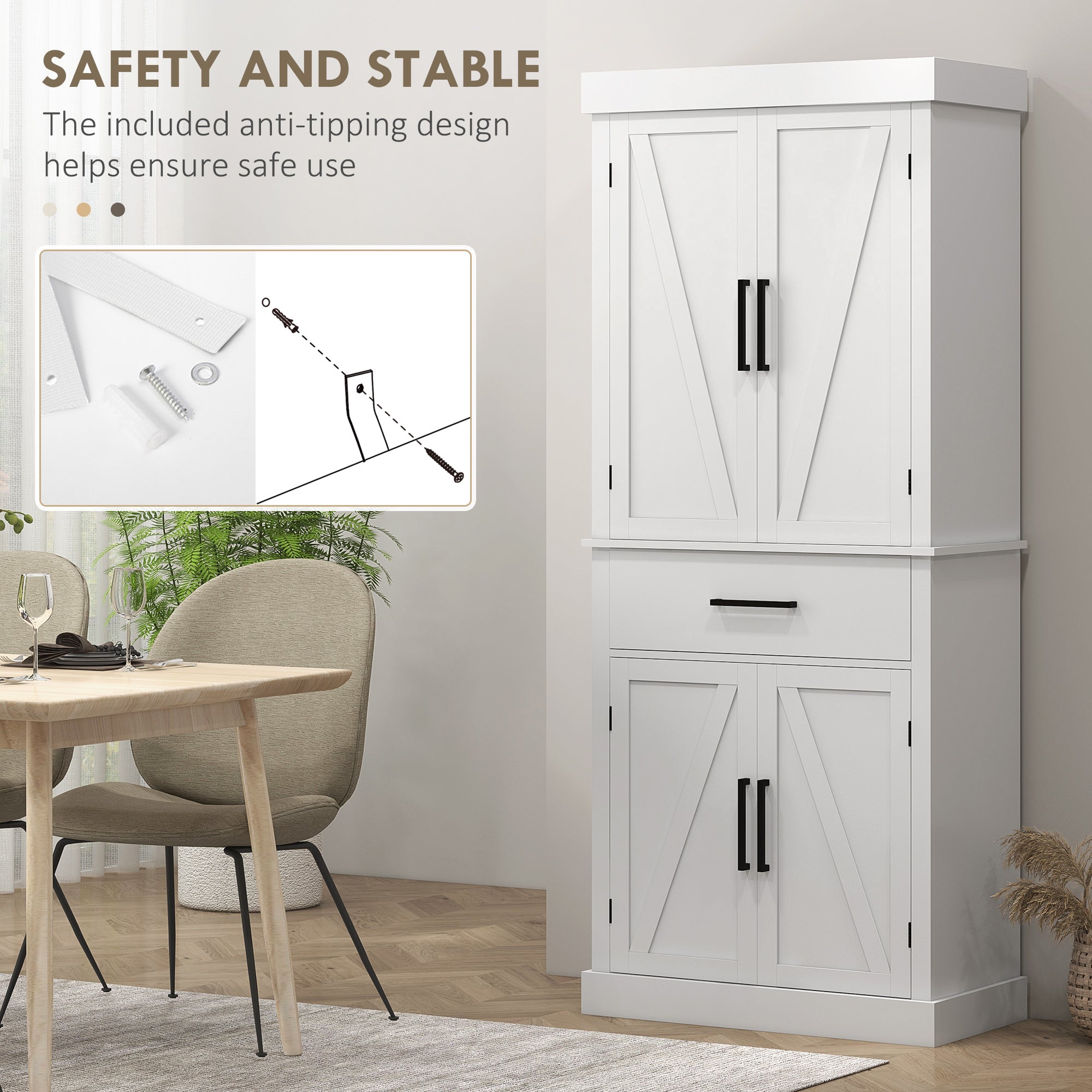 72" Tall Kitchen Cabinet, Kitchen Pantry Cabinet with Barn Doors, Drawer, 5-Tier Shelf and Adjustable Shelves, White