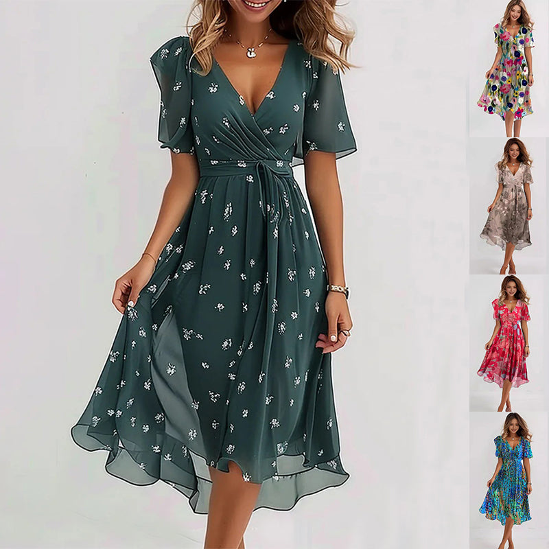 Chiffon Printed Short Sleeve Dress Summer Elegant V-neck Dress Women Clothing