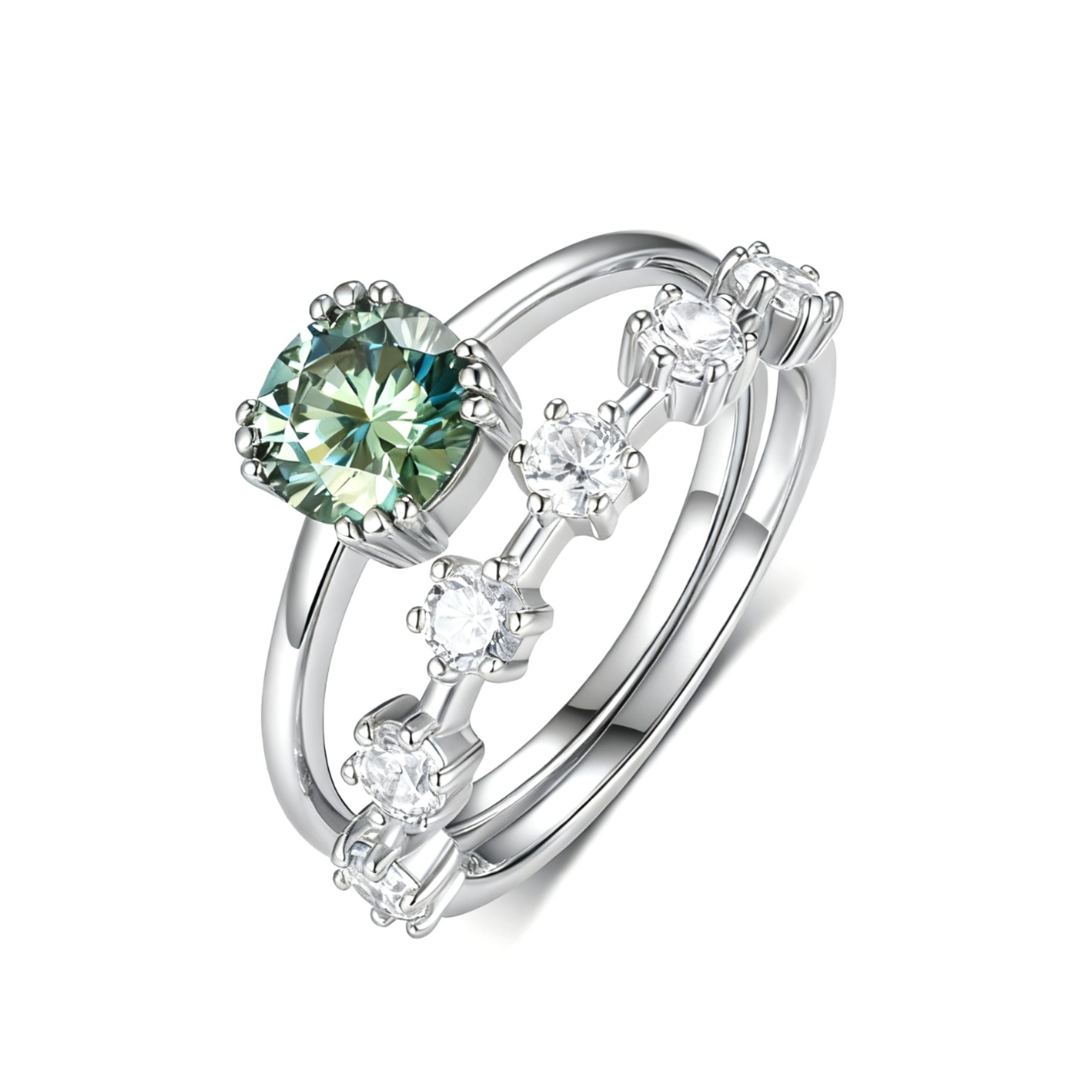 S925 Silver Green Center Stone Full-Set Moissanite Vintage Stacking Ring