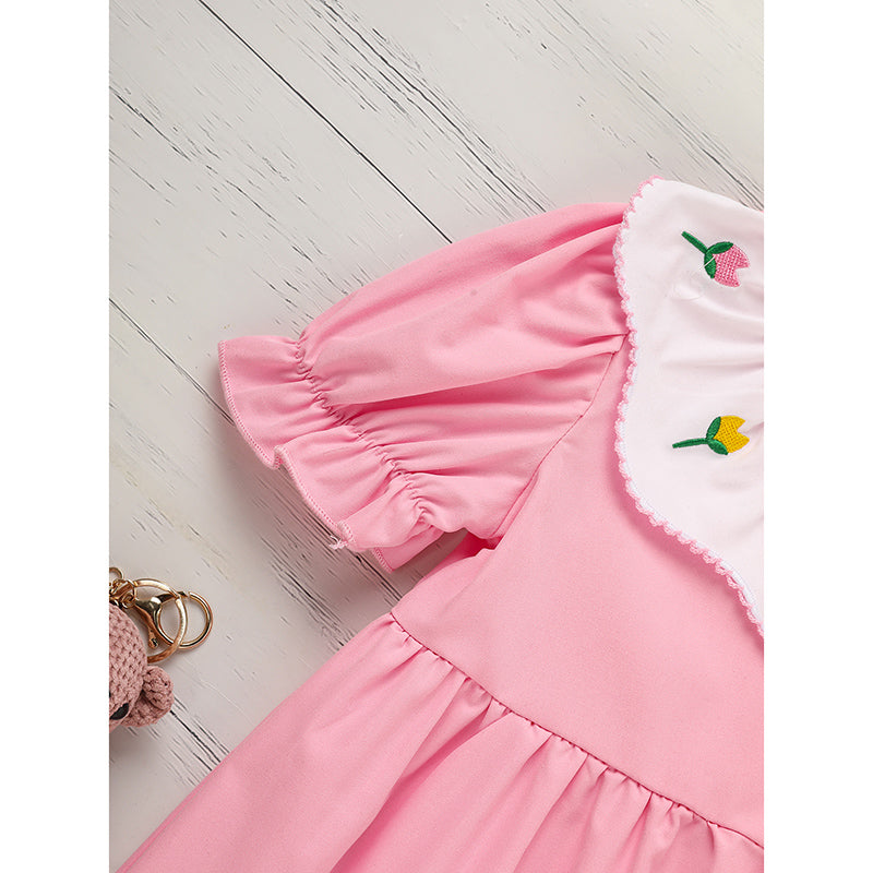 Toddler Baby Girl Spring Tulip Smocked Short Sleeve Dress With Lovely Tulip Embroidery Princess Dresses