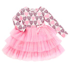 Toddler Girls Outfits Long Sleeve Graphic Heart Print Mesh Tulle Dress Valentine Birthday Party Dresses