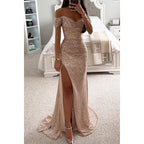 Party Sequins Off-neck Split Dress INS Casual Fashion Dress Women Charming Slimming Dress For Women
