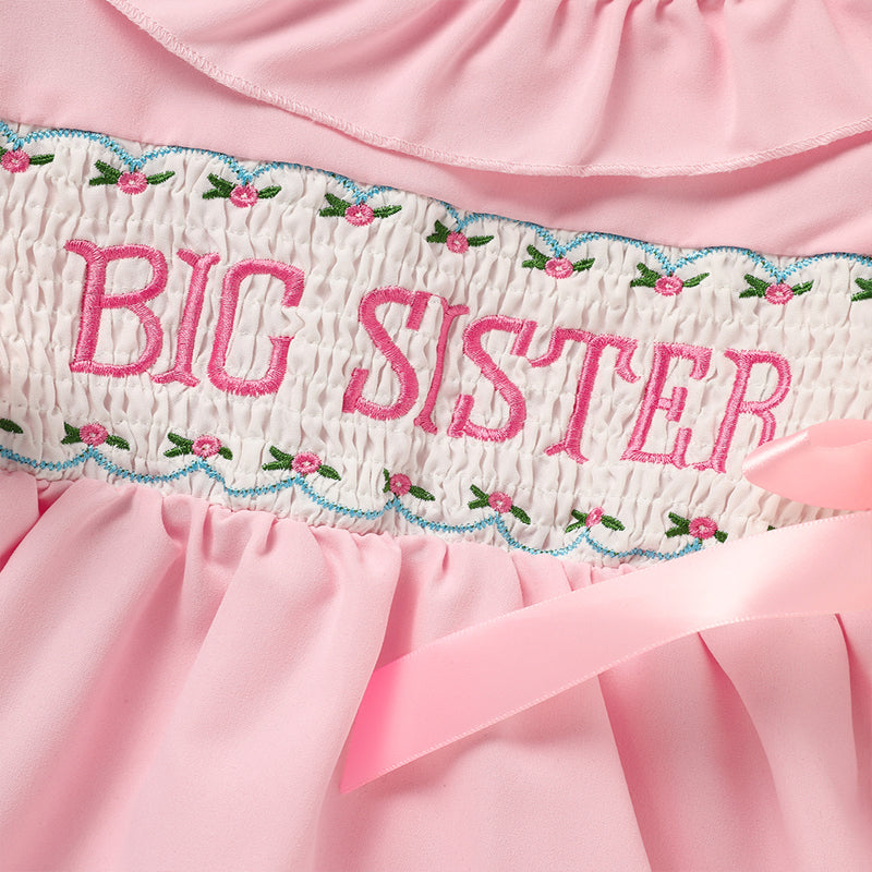 Toddler Girl's Pink Ruffle Sleeve Dress Letter Embroidery & Bow Detail With Back Button Closure