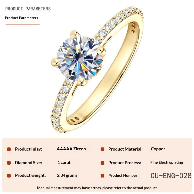 Fashionable, Light-luxury, Versatile, Niche Ring Featuring Faux Moissanite With A Four-prong Zircon Setting And Electroplated Finish