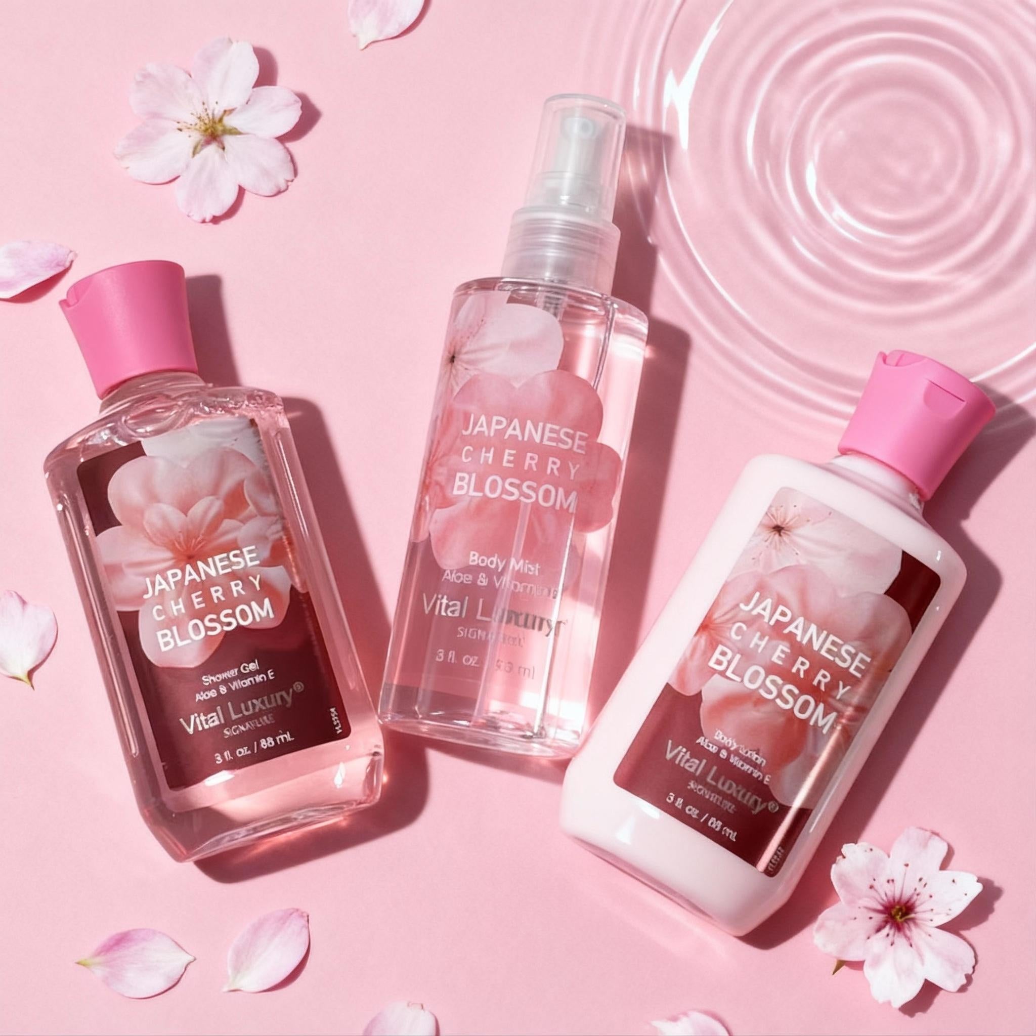 3-piece Set Japanese Cherry Blossom Spa Set With Natural Extracts-Shower Gel, Body Lotion, Body Mist, Bath And Body Gift Set For Women And Girls,  Body Care Travel Set For Birthday Mother's Day Gifts