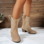 Pointed Toe Western Boots Fashion Retro Embroidered Chunky Square-heeled Mid-calf Boot For Women