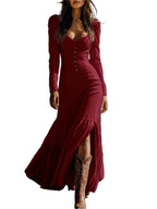 Retro Western Style Button Pleated Long Sleeve Sexy Dress