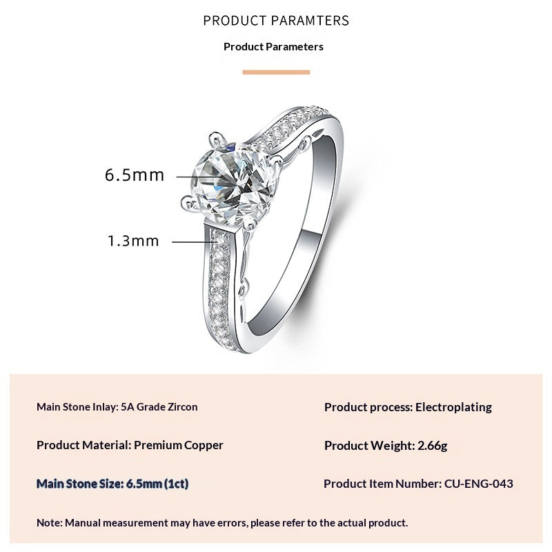 Fashionable, Light-luxury, Versatile, Niche Ring Featuring Faux Moissanite With A Four-prong Zircon Setting And Electroplated Finish