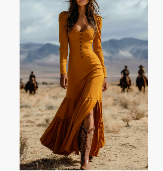 Retro Western Style Button Pleated Long Sleeve Sexy Dress