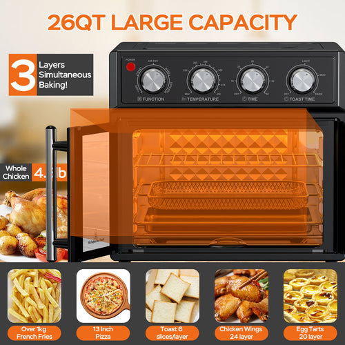 29.5 QT Air Fryer Convection Toaster Oven, French Door, 6 Slices, 1700W, Multifunction Oven, Air Fryer, Toast, Grill, Defrost, Bake, Time And Temperature Controls, Black, Amazon Resale Prohibited
