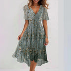 Chiffon Printed Short Sleeve Dress Summer Elegant V-neck Dress Women Clothing