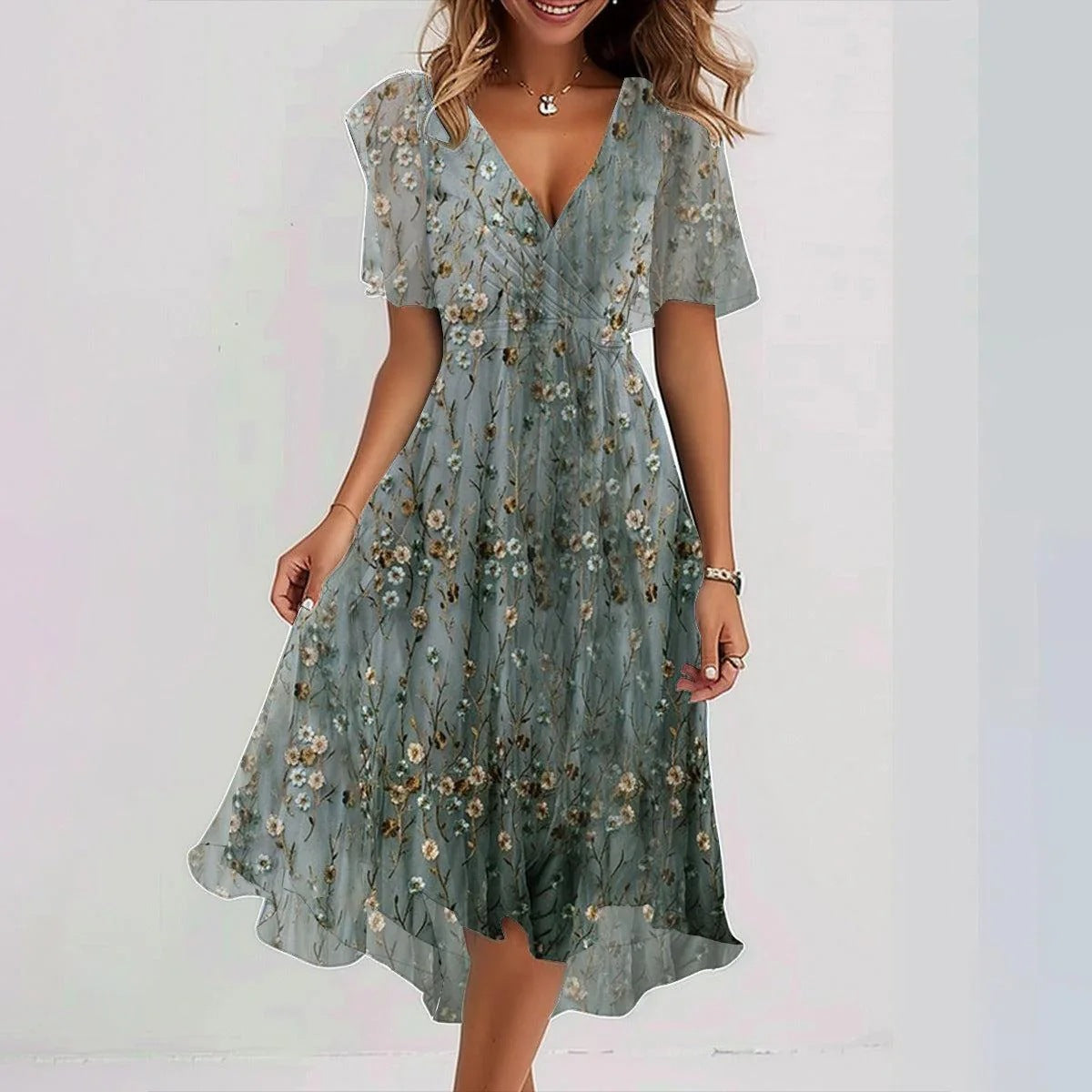Chiffon Printed Short Sleeve Dress Summer Elegant V-neck Dress Women Clothing