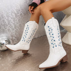 Winter Cowboy Boots Embroidered Pointed Toe Chunky Heel Western Boot Women's Knight Shoes