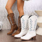 Winter Cowboy Boots Embroidered Pointed Toe Chunky Heel Western Boot Women's Knight Shoes