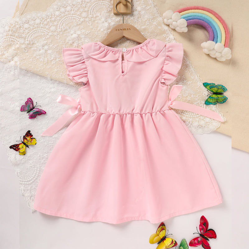 Toddler Girl's Pink Ruffle Sleeve Dress Letter Embroidery & Bow Detail With Back Button Closure