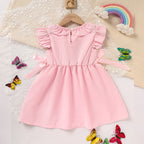 Toddler Girl's Pink Ruffle Sleeve Dress Letter Embroidery & Bow Detail With Back Button Closure
