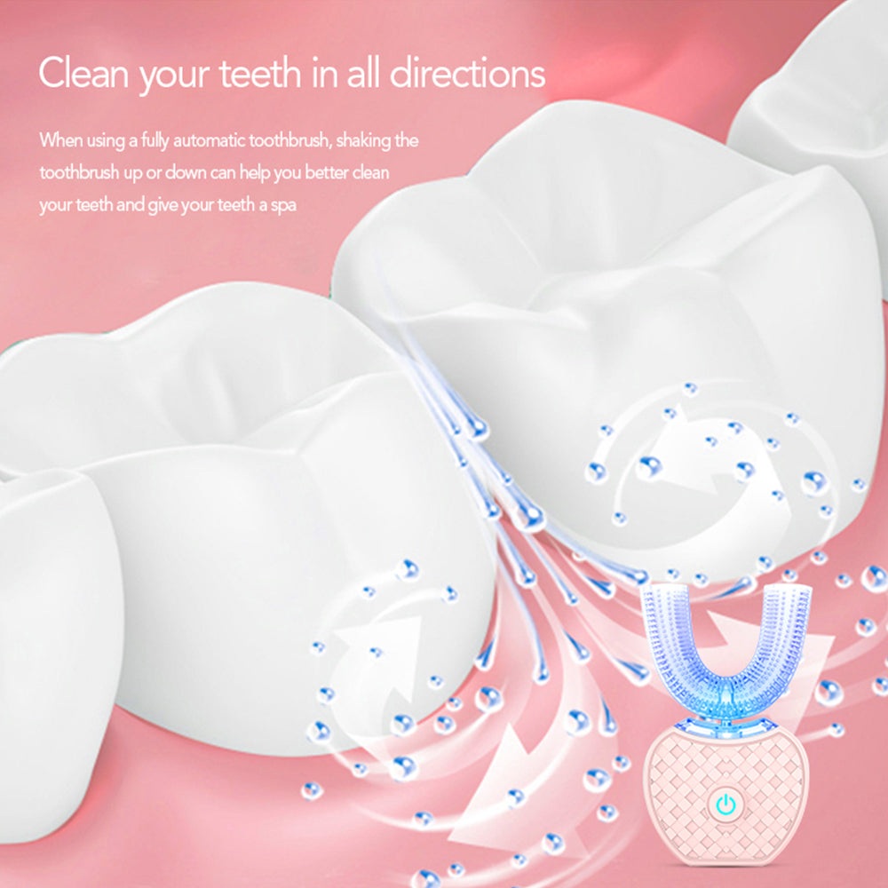 360° Intelligent Automatic Electric Toothbrush – Waterproof U-Shaped Sonic Toothbrush with Blue Light Whitening & USB Charging