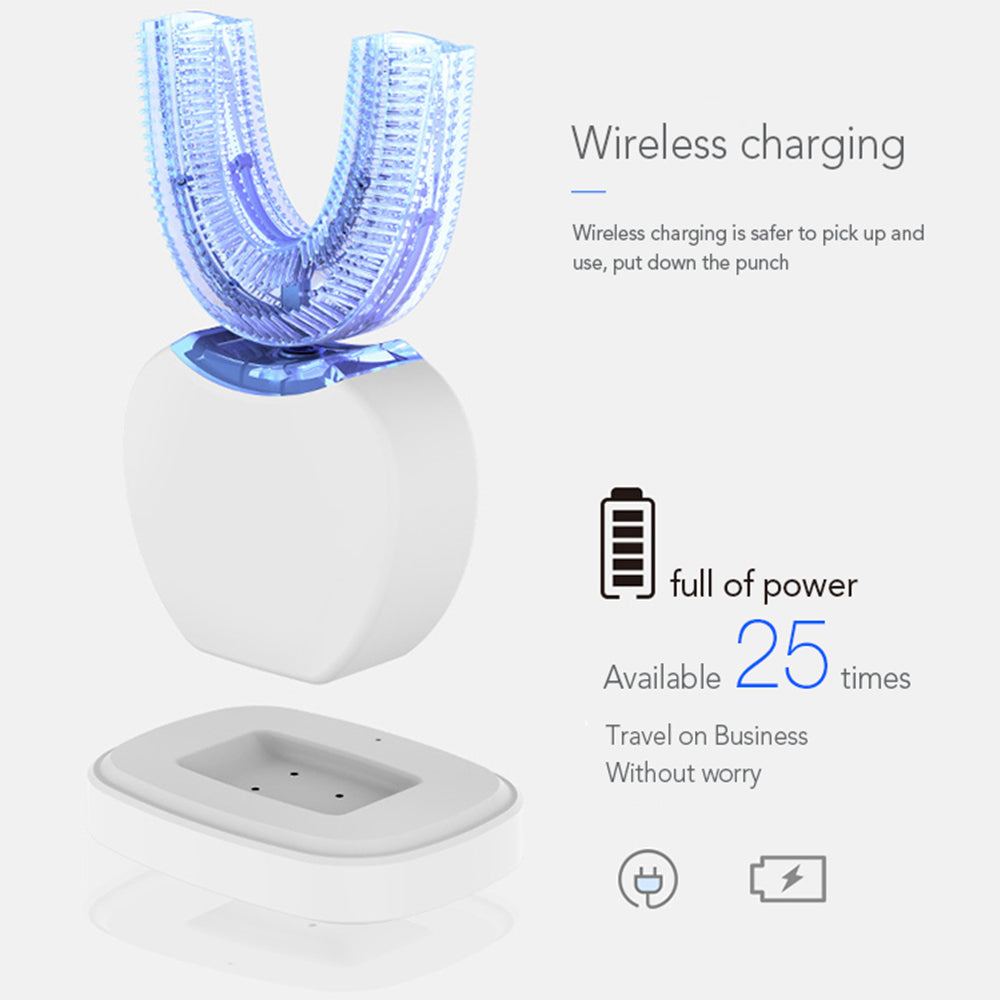 360° Intelligent Automatic Electric Toothbrush – Waterproof U-Shaped Sonic Toothbrush with Blue Light Whitening & USB Charging
