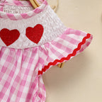Infant Baby Girls' Valentine's Day Dress Pink Plaid With Heart Embroidery, Smocked Ruffle Sleeves