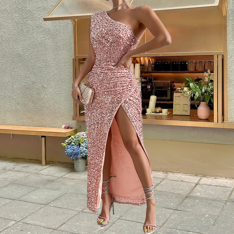 Elegant Sequined Shoulder Split Solid Color Dress Slim Club Party Dress Casual Asymmetric Sleeveless Long Dress