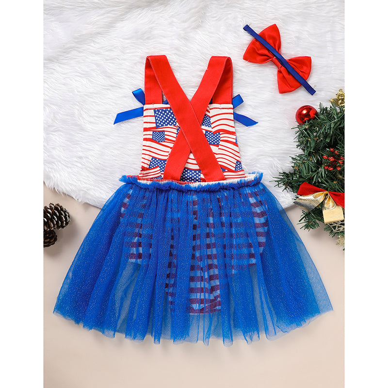 Baby's Independence Day Style Flag Pattern Triangle Bodysuit, Casual Sleeveless Bowknot Romper