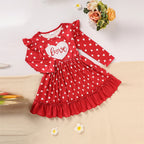 Toddler Girl's Cute 'LOVE' Embroidered Dress, Heart Print Long Sleeve A-Line Dress With Ruffle Hem