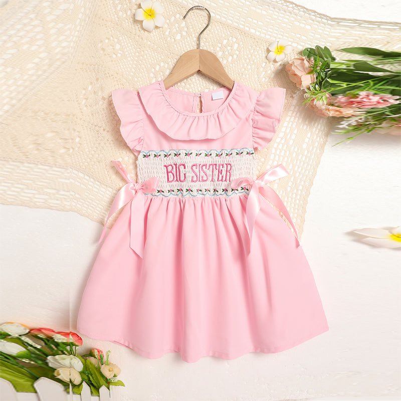Toddler Girl's Pink Ruffle Sleeve Dress Letter Embroidery & Bow Detail With Back Button Closure