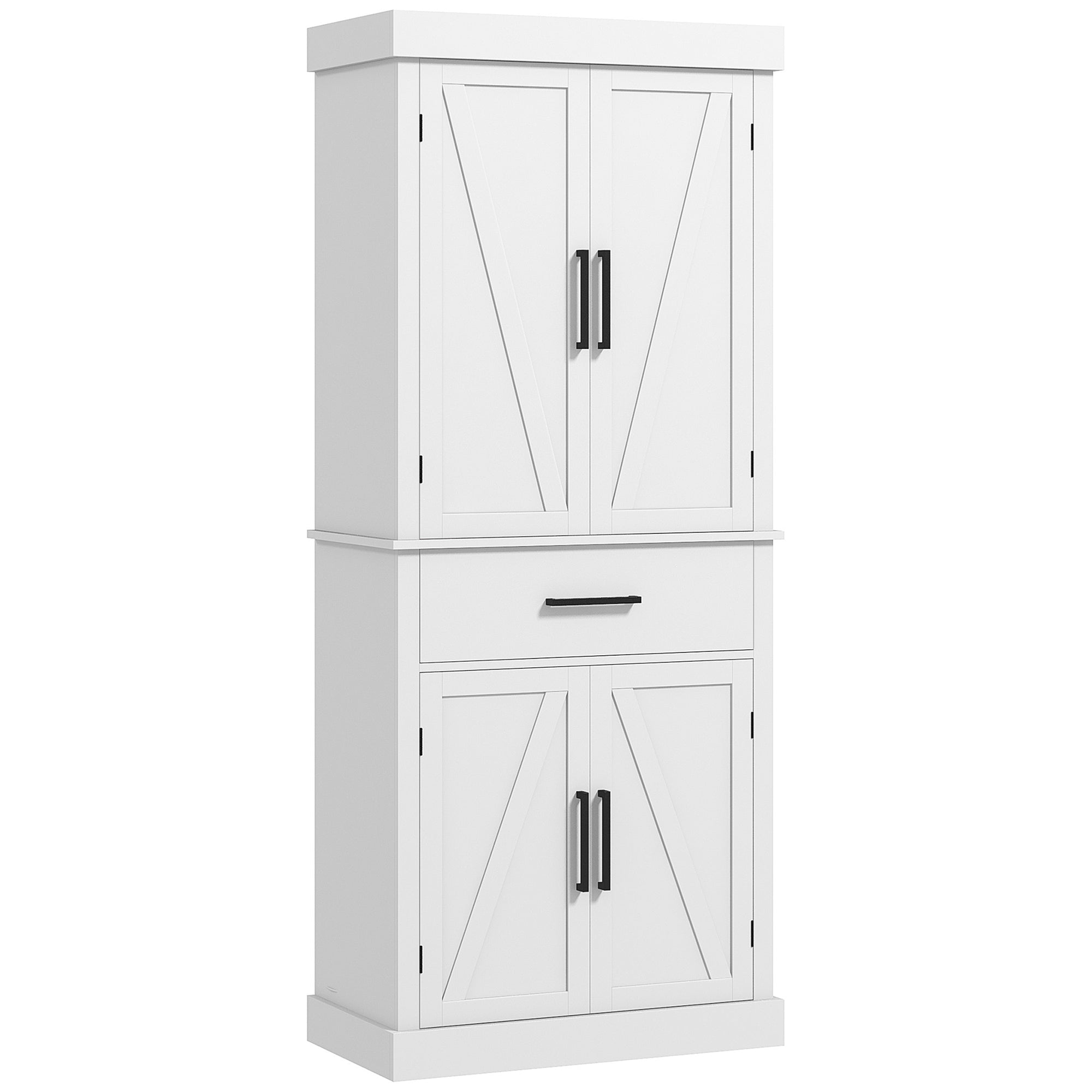 72" Tall Kitchen Cabinet, Kitchen Pantry Cabinet with Barn Doors, Drawer, 5-Tier Shelf and Adjustable Shelves, White