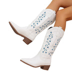 Winter Cowboy Boots Embroidered Pointed Toe Chunky Heel Western Boot Women's Knight Shoes