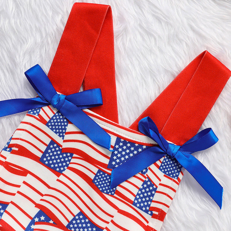 Baby's Independence Day Style Flag Pattern Triangle Bodysuit, Casual Sleeveless Bowknot Romper