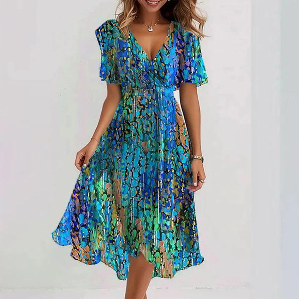 Chiffon Printed Short Sleeve Dress Summer Elegant V-neck Dress Women Clothing