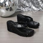 High Heels Wedge Sandals With Sequins Shiny Height Increasing Platform Flip Flops Women's Thick Bottom Shoes Beach Summer