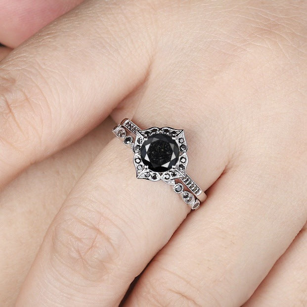 Simple Black Diamond Flower Ring For Women
