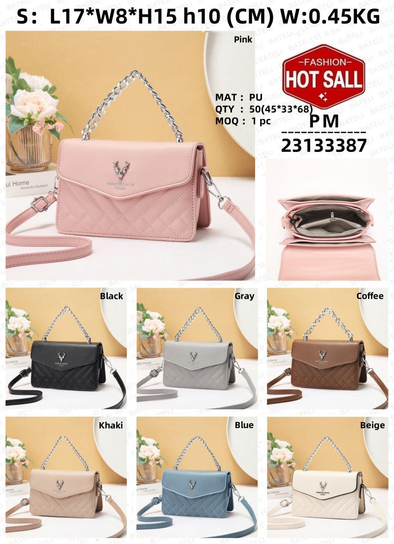 Soft Blush Quilted Mini Bag - Retro Style Casual Handbag Waterproof Minimalist Single Shoulder Wide Strap PU Polyester Lining Stylish Thick Chains