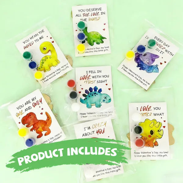 Valentines Day Gifts For Kids - 28 PCS Valentines Cards School With Art Supplies - Dinosaur Wood Painting Craft Kits - For Classroom Kids Boys Girls Gifts Exchanges - Valentines Party Favors