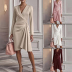 V Neck Folds  Solid Color Slim-fit Long Sleeve V-pleated Design Dress  Women's Office Commuter A-line Midi Party Dresses Female Clothing