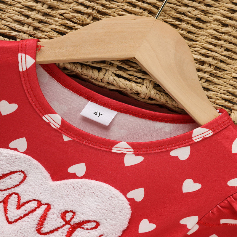 Toddler Girl's Cute 'LOVE' Embroidered Dress, Heart Print Long Sleeve A-Line Dress With Ruffle Hem