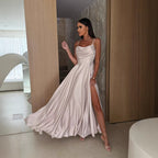 Summer Off-shoulder Solid-color Pleated Split Slip Dress