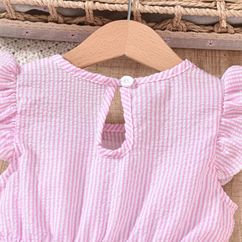 Toddler Girl's Bunny Embroidered Dress, Round Neck Short Sleeve A-Line Dress With Back Button Closure