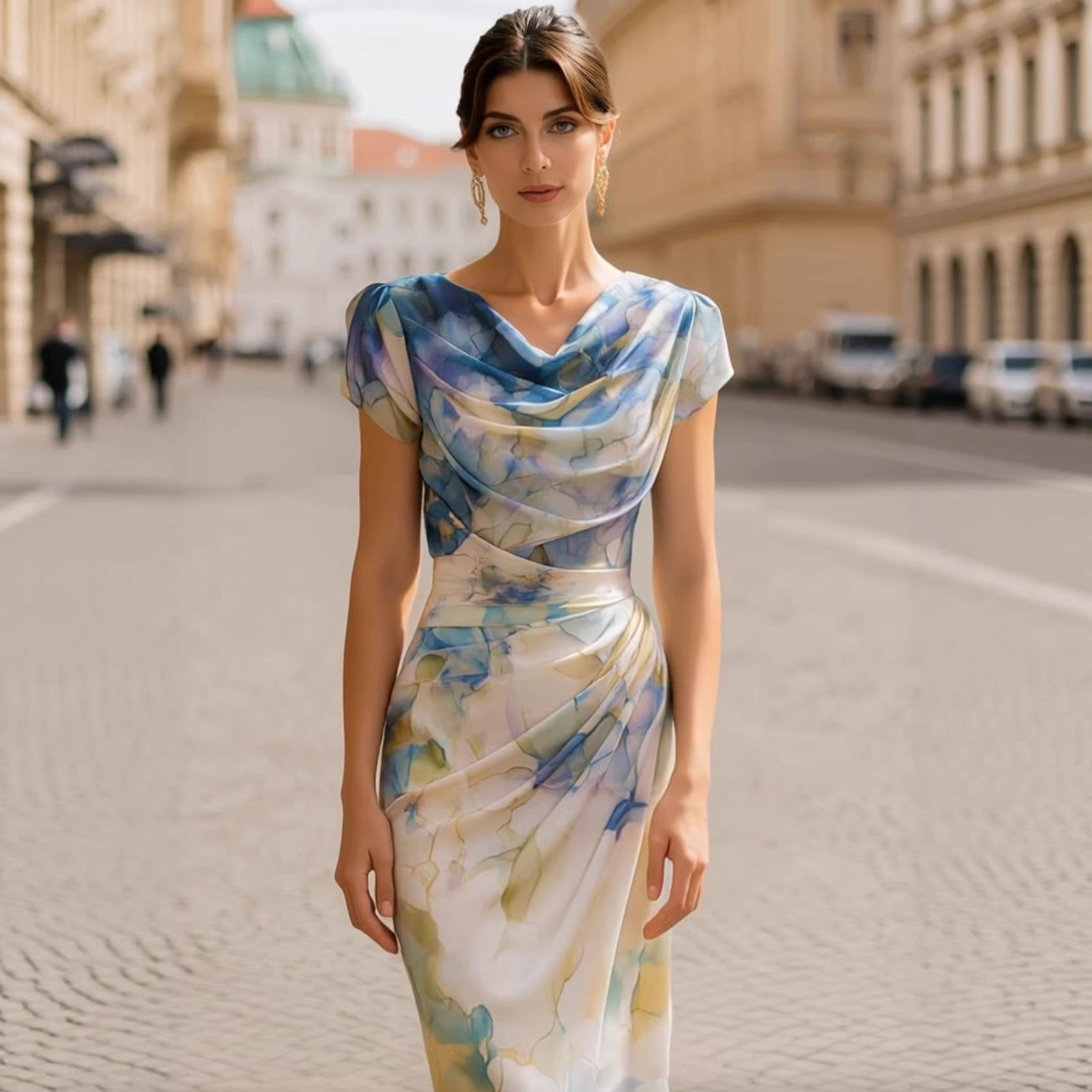 Elegant Abstract Print Pleated Boat-Neckline Holiday Dress