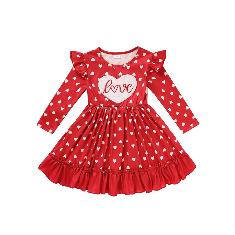 Toddler Girl's Cute 'LOVE' Embroidered Dress, Heart Print Long Sleeve A-Line Dress With Ruffle Hem