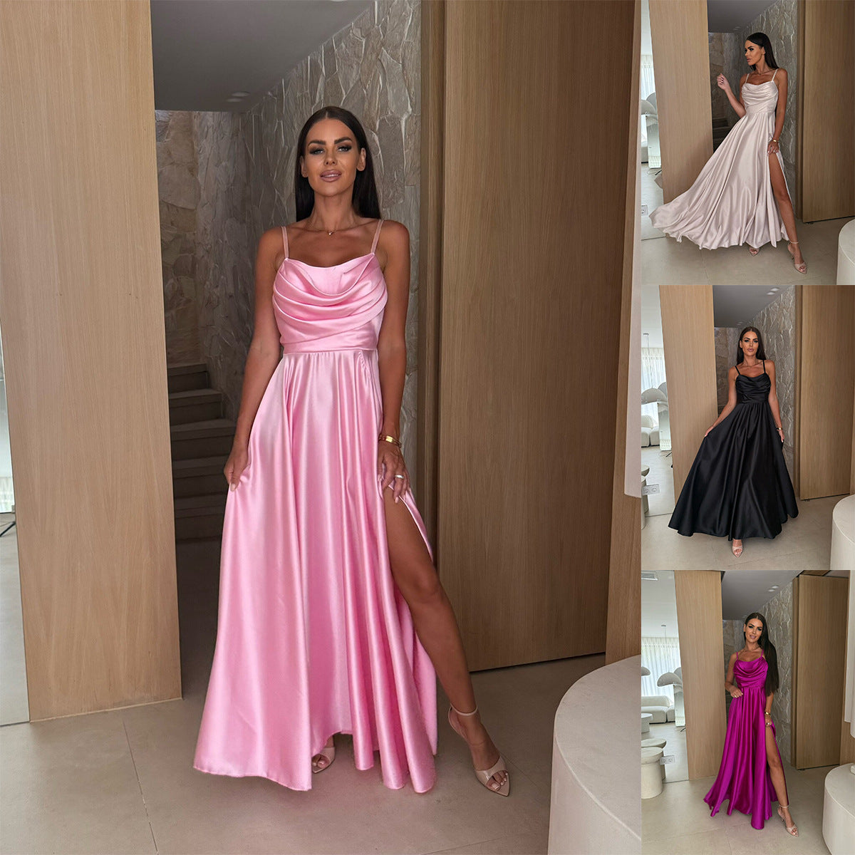 Summer Off-shoulder Solid-color Pleated Split Slip Dress